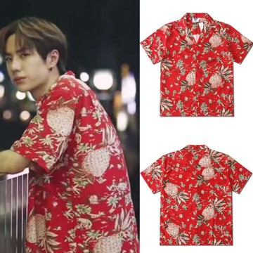 王一博同款花襯衫男女寬松港味復古短袖紅色菠蘿印花情侶半袖襯衣
