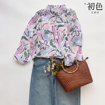 初色 文藝風印花寬鬆顯瘦翻領長袖襯衫上衣女上衣-花色-37244(M-2XL可選)