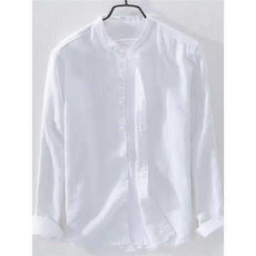 沙灘透氣白色長袖亞麻襯衫男士休閑薄款修身麻料寬松防曬棉麻襯衣