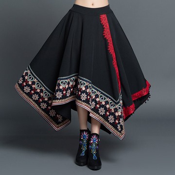 春裝新款復古民族風繡花不規則燈芯絨百搭半身裙秋冬大擺長裙1入