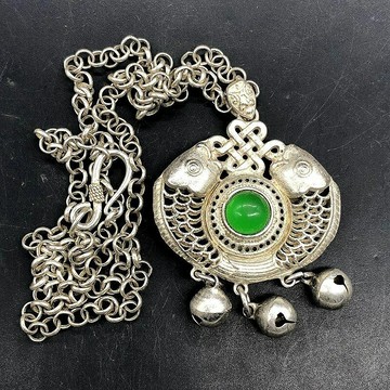 古玩古董雜項收藏大清乾隆年製鏤空雙魚綠寶石吊墜帶鏈子特價