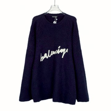 (2XL) balenciaga質感中性寬鬆棉質針織logo藍色毛衣