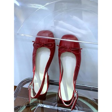 24春夏牛仔淺口褶皺涼鞋包頭復古紅色瑪麗珍鞋粗跟方頭蝴蝶結單鞋