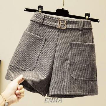 EMMA 大尺碼短褲 秋冬短褲 大碼女裝彈力毛呢短褲女秋冬新款胖mm高腰闊腿褲外穿寬松呢子靴褲