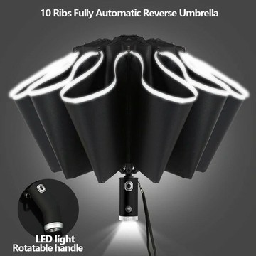 【日本代購】全自動反向折疊雨傘帶 LED 燈 10 骨防風強反光條紋防紫外線男女雨傘