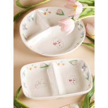 藍蓮花漂亮三分格家用陶瓷減脂分餐盤兒童大人早餐盤子多格高級感