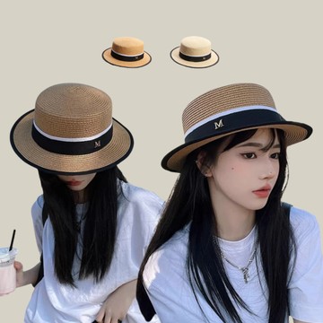 現貨-海邊度假平頂草帽女夏季字母編織防曬帽遮陽防紫外線遮臉太陽禮帽
