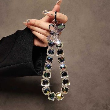 【黑色蝴蝶菱形】炫彩果凍奢華串珠手提鏈條高端手機殼掛繩短女款