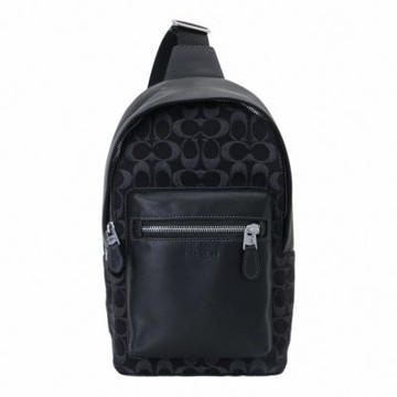 COACH 緹花布拼接皮革側背/前胸包(黑x灰)