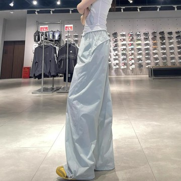 樂丁~藍色速幹工裝褲女夏季薄款寬松直筒休閑小個子闊腿運動褲鑫弘-素時衣櫥