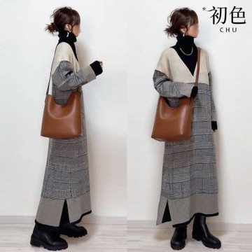 初色 日系高領拼接針織中長連衣裙連身洋裝-灰色-39958(M/L可選)