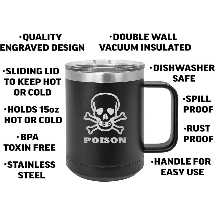 Rogue River Tactical Funny Poison Coffee Mug Heavy Duty Stainless Steel Black Coffee Mug Tumbler With Lid Novelty Cup Great Gift Idea For Dad Men F