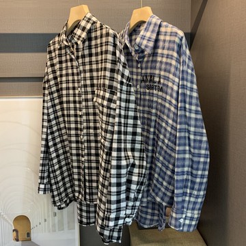 格子襯衫女長袖W-13春季新款韓版oversize寬松百搭襯衣防曬上衣