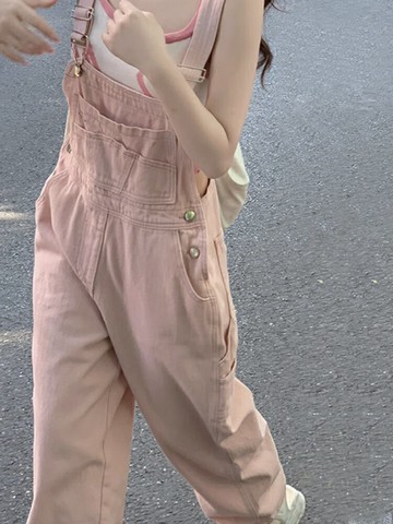 奶系牛仔背帶褲女夏季2024新款粉色小個子洋氣減齡寬松休閑直筒褲【淘夢屋】