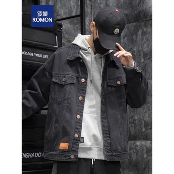 羅蒙新款牛仔外套男大碼棉服春秋季男裝工裝夾克黑色加厚牛仔棉衣