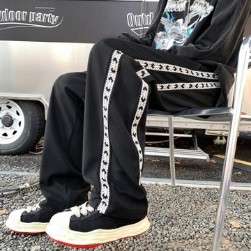 華夫格褲子男春秋新款寬松闊腿褲條紋織帶休閑褲男士潮牌運動衛褲