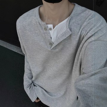 跨境亨利領長袖t恤男款2025春秋新款重磅內搭打底衫寬松上衣服鑫弘-衣錦男裝