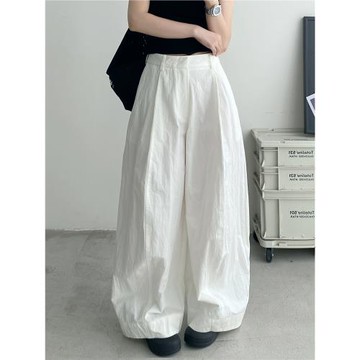 sun柚 春秋白色休閑褲子皺感尼龍棉挺括有型立體廓形闊腿褲楊桃褲