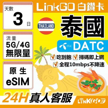 LINKGO白鑽卡 泰國原生 eSIM卡 DTAC 3天吃到飽不降速 高速流量(泰國網卡 曼谷 清邁 芭達雅)