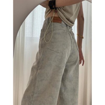 復古高腰闊腿牛仔褲女夏薄款2025新款扎染印花小眾設計拖地直筒褲