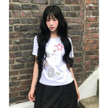 【FJstore】韓國 AMBLER AMB ANGEL 格紋貼布 星星 短T 短踢 圓領 短袖上衣 女生短袖 女上衣