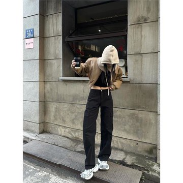 Tristine新款高腰垂感顯瘦休閑闊腿褲潮美式直筒寬松工裝褲女春季