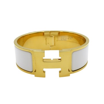 【二手名牌BRAND OFF】HERMES 愛馬仕 白色琺瑯 鍍金屬 Clic H 寬版手環