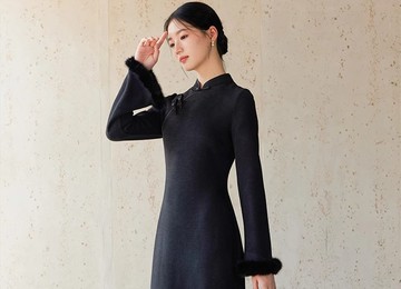 新中式中國風 盤扣拼兔毛改良旗袍