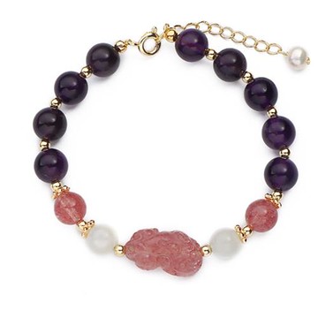 Jpqueen 草莓月光石貔貅拼接水晶串珠手鍊(紫色)