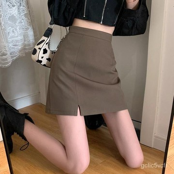 咖色半身裙 開叉西裝裙 半身裙女 夏季短裙 高腰裙 包臀裙 a字短裙 半裙 包裙 一步裙 大尺碼半身裙 高腰顯瘦半身裙