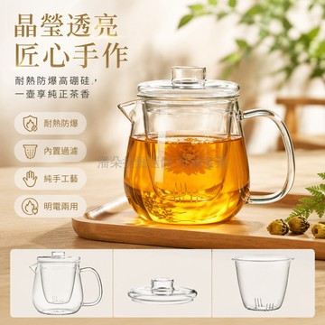 台灣出貨✨ 耐熱高溫玻璃茶壺 過濾加厚透明單壺 小號花茶壺 家用茶水分離泡茶杯 750ML企鵝壺 550ML企鵝壺