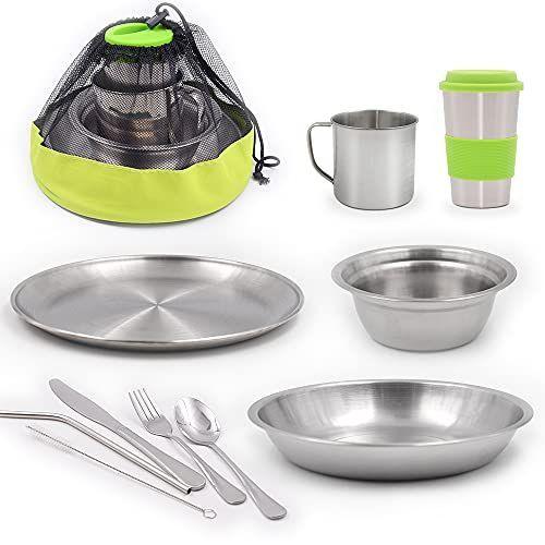 HIKPEED 10-Piece Camping Mess Kit, Stainless Steel Camping Dishes Set