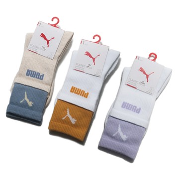 PUMA 襪子 FASHION 土黃白/燕麥藍/薰衣草紫 雙層 中筒襪 長襪 男女 BB14220-