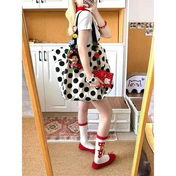 波點包 單肩包🎀 韓系簡約波點單肩包包慵懶風學生上課通勤大容量雙面 旅行包 帆布包 托特包 大容量包包 肩背包 女生包包