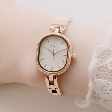 KIMIO春日童話方圓珍珠母貝金屬鍊帶手錶【WKI6602】-白面玫金帶