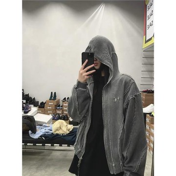 Thug club重磅蠟染水洗做舊破壞拉鏈連帽衛衣美式休閑開衫外套潮