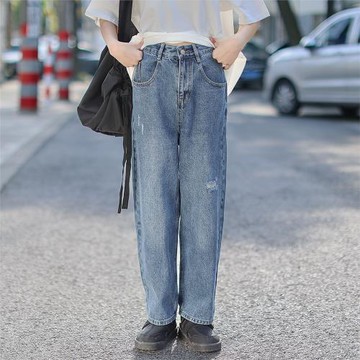 藝野系 2025流行破洞牛仔褲女設計感小眾日系高腰顯瘦寬松直筒褲