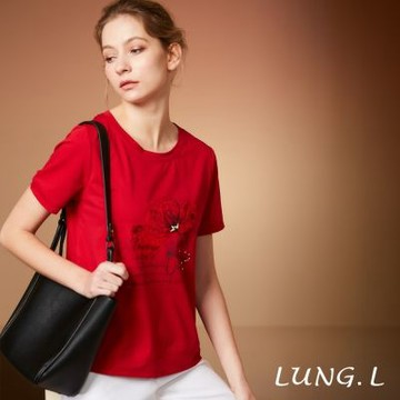 LUNG.L林佳樺 紅色花語刺繡印花短袖棉質女裝T恤LS90A