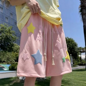 💥下殺價💥 夏季寬松印花潮流短褲 運動星星休閑美式五分褲情侶潮牌褲子