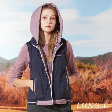 LUNG.L林佳樺 藍色拼接紫色帽子可拆式鋪棉女裝背心LR21D