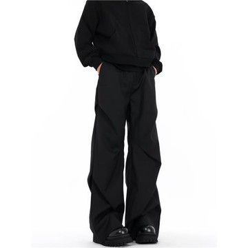 FILFR美式高街褶皺拖地微喇叭黑色西褲男高級感cleanfit休閑褲子