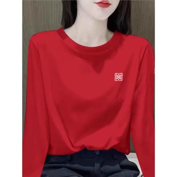 紅色2025新款圓領本命年長袖內搭t恤秋冬寬松顯瘦打底衫女上衣ins