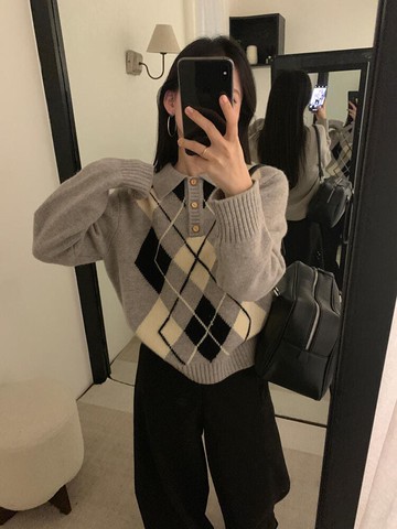 【百搭系列】木霧菱格紋翻領針織上衣