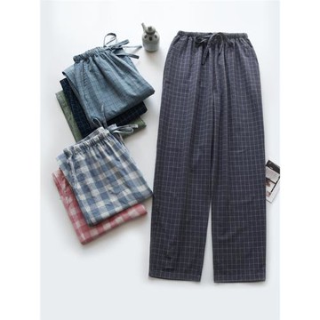 無印風日系格子睡褲女男春秋夏季純棉棉布薄款寬松長褲情侶家居褲