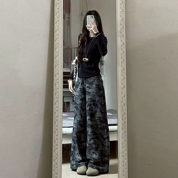 【Veee】設計感 拖地迷彩 直筒牛仔褲女 秋季新款 復古美式 寬鬆高腰闊腿工裝褲 休閒慵懶闊腿褲 女設計感 高街運動