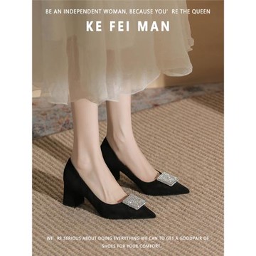 【珂菲曼】水鉆方扣粗跟單鞋女新款絨面淺口尖頭高跟鞋黑色不累腳