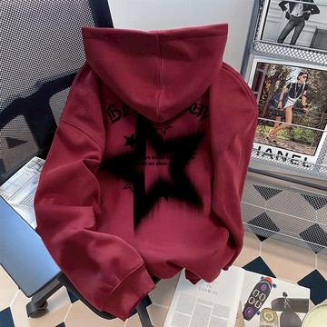 哇塞~酒紅色復古星星 帽t 長袖 大學t 衛衣 印花帽t oversized 套頭長袖帽t 下半身失蹤寬鬆上衣 秋冬女裝