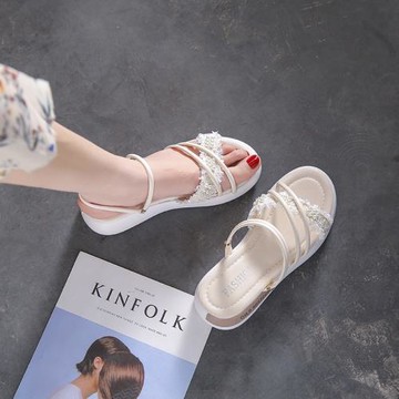 34小碼涼鞋女平底鞋仙女風2024年新款夏季水鉆珍珠兩穿羅馬涼拖鞋