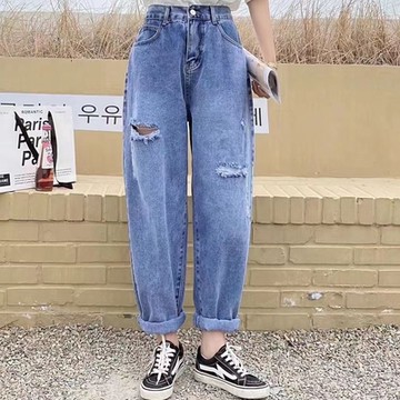 La Belleza後鬆緊腰大腿割破可捲褲管水洗寬鬆牛仔褲