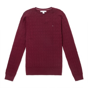 TOMMY 熱銷圓領Logo麻花針織毛衣(女)-酒紅色